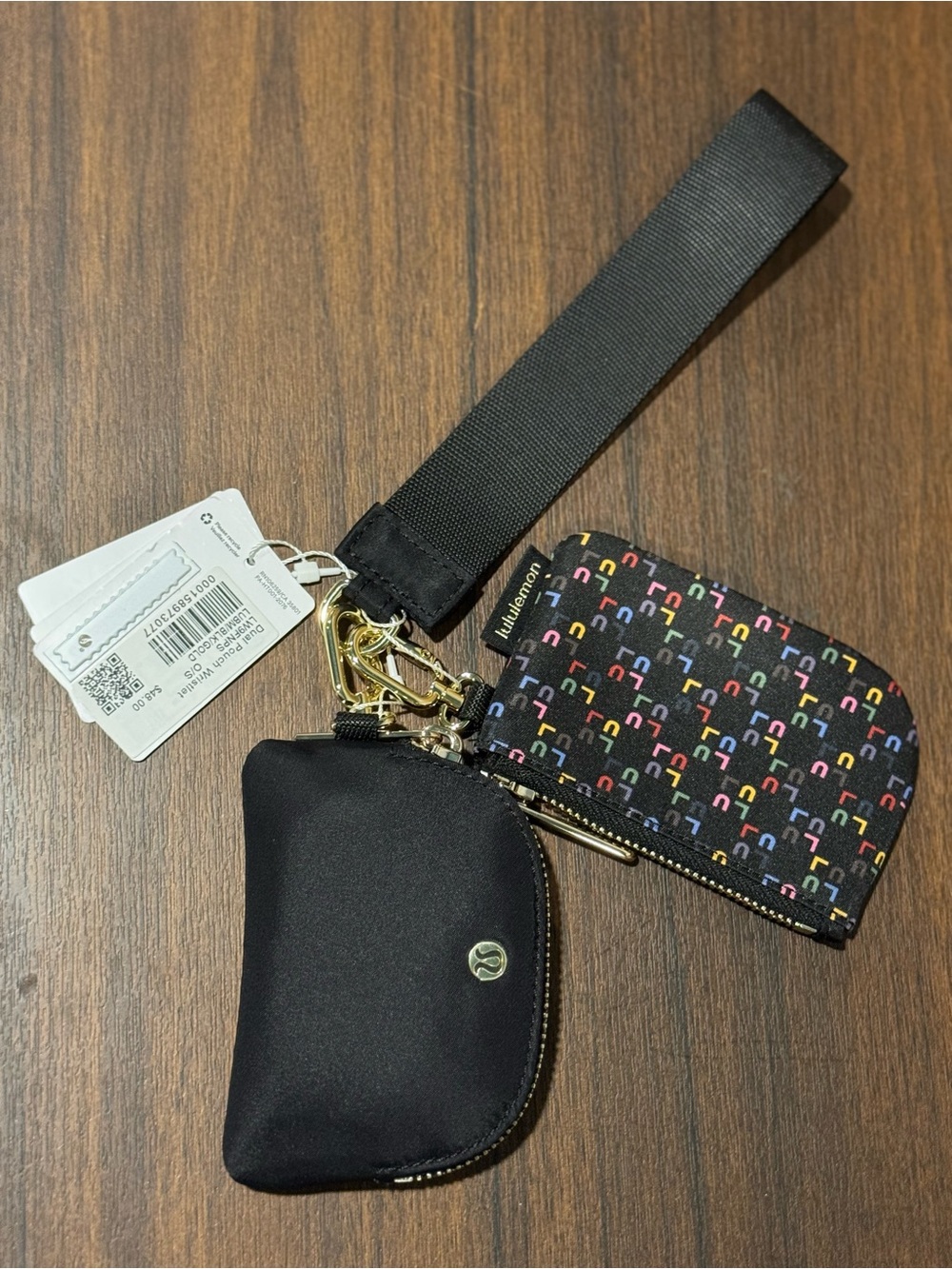 lululemon athletica Dual Pouch Wristlet Black & Multicolor Wordmark Logo NWT
